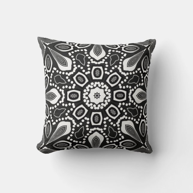 Tribal Lily Black White Geometric Mandala Cushion (Front)