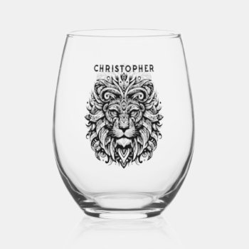 Tribal Lion Add Name Stemless Wine Glass by ironydesignphotos at Zazzle