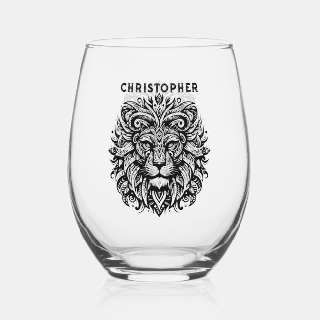 Tribal Lion Add Name Stemless Wine Glass (Front)