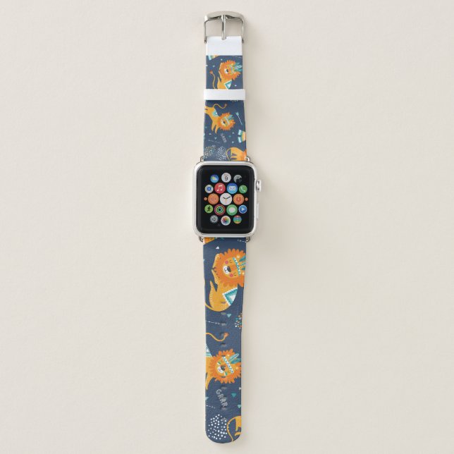 Tribal Lions Cartoon Seamless Pattern Apple Watch Band (Front)
