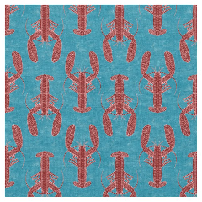 Tribal Lobster Red on Blue Nautical Fabric (Close Up)