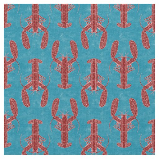 Tribal Lobster Red on Blue Nautical Fabric