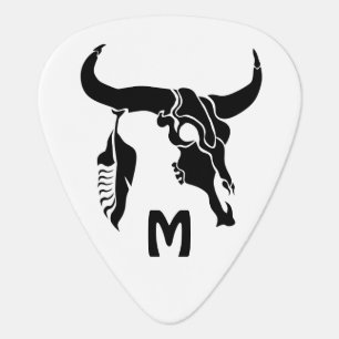 Tribal Long Horn Bull Skull with Black Feather Guitar Pick
