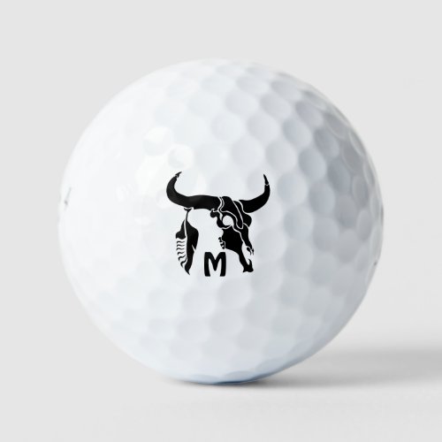 Tribal Longhorn Bull Skull with Black Feather Golf Balls