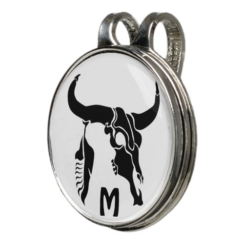 Tribal Longhorn Bull Skull with Black Feather Golf Hat Clip