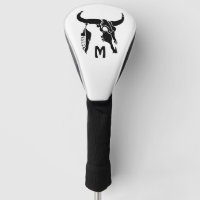 Tribal Longhorn Bull Skull with Black Feather Golf Head Cover