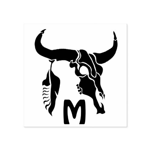 Tribal Longhorn Bull Skull with Black Feather Rubber Stamp