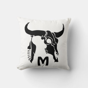 Tribal Longhorn Bull Skull with Black Feather Throw Pillow