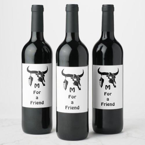 Tribal Longhorn Bull Skull with Black Feather Wine Label