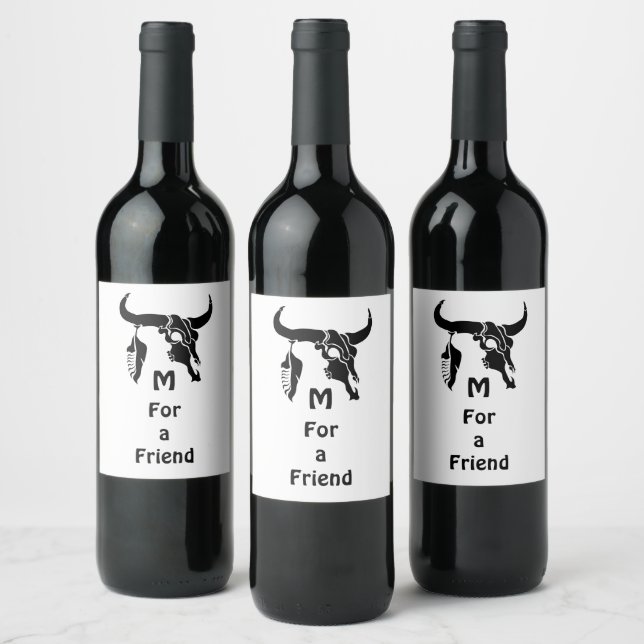Tribal Longhorn Bull Skull with Black Feather Wine Label (Bottles)