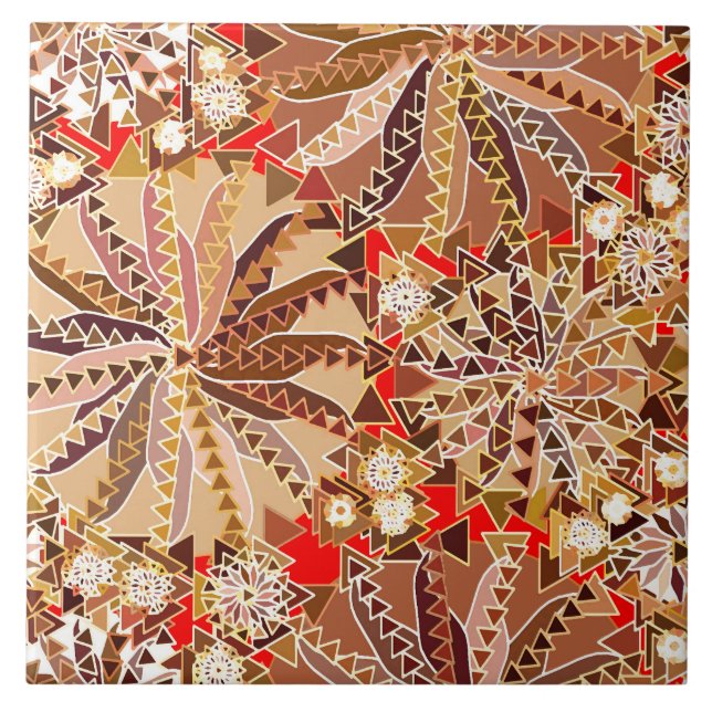 Tribal Mandala Print, Brown, Beige and Red Ceramic Tile (Front)
