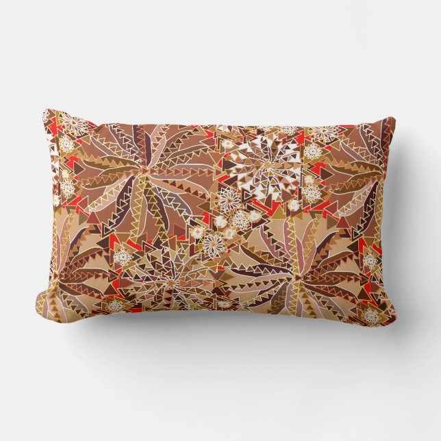 Tribal Mandala Print, Brown, Beige and Red Lumbar Pillow (Front)