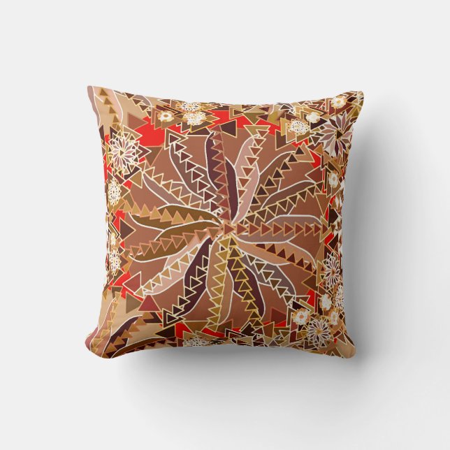 Tribal Mandala Print, Brown, Beige and Red Throw Pillow (Front)