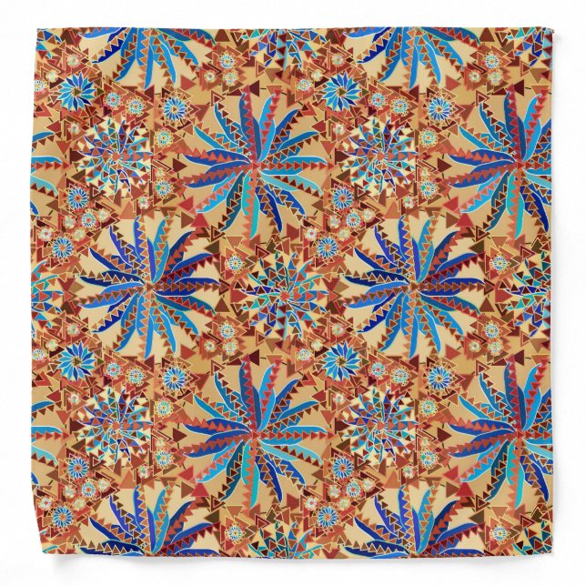 Tribal Mandala Print, Camel Tan and Denim Blue Bandana (Front)