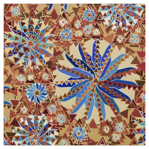 Tribal Mandala Print, Camel Tan and Denim Blue Fabric