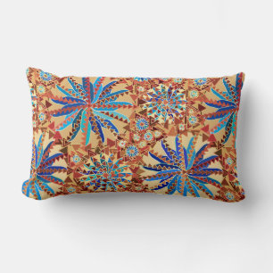 Tribal Mandala Print, Camel Tan and Denim Blue Lumbar Pillow