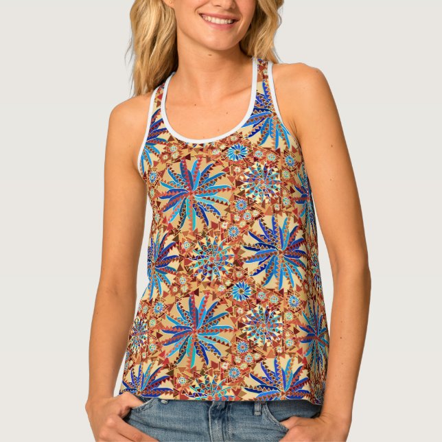 Tribal Mandala Print, Camel Tan and Denim Blue Tank Top (Front)