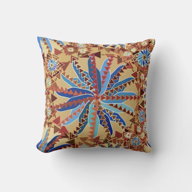 Tribal Mandala Print, Camel Tan and Denim Blue Throw Pillow (Front)