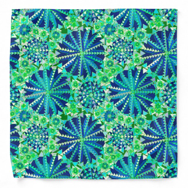 Tribal Mandala Print, Cobalt Blue and Green Bandana (Front)
