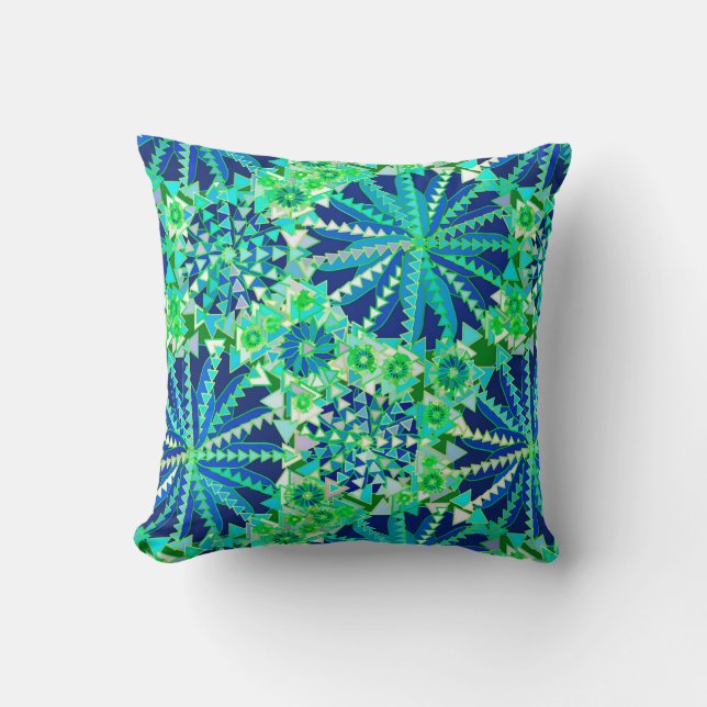 Tribal Mandala Print, Cobalt Blue and Green Throw Pillow (Front)