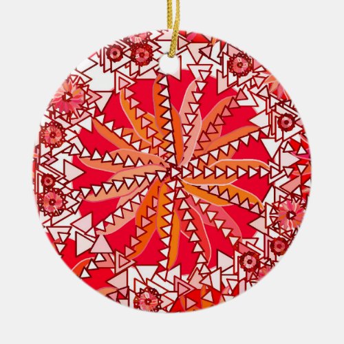 Tribal Mandala Print Coral Red and White Ceramic Ornament