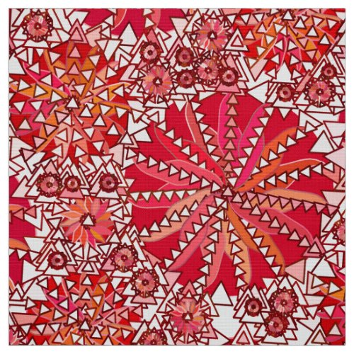 Tribal Mandala Print Coral Red and White Fabric