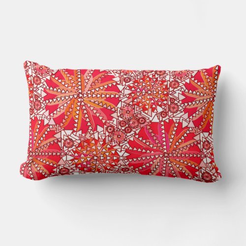 Tribal Mandala Print Coral Red and White Lumbar Pillow