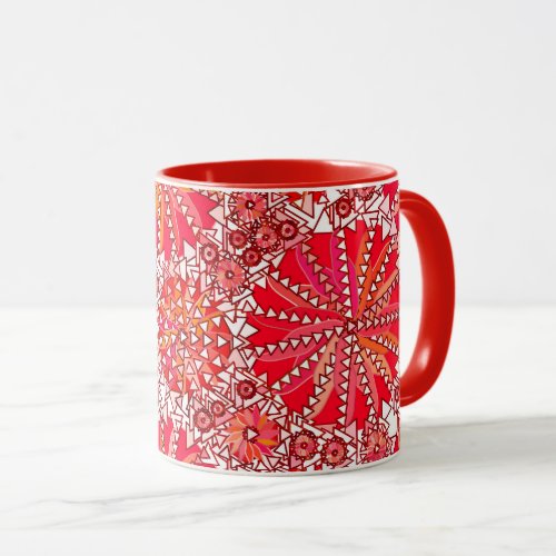 Tribal Mandala Print Coral Red and White Mug