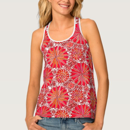 Tribal Mandala Print Coral Red and White Tank Top