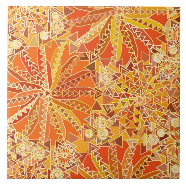 Tribal Mandala Print, Orange and Mustard Gold Ceramic Tile (Front)