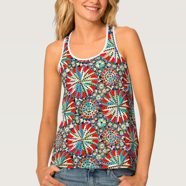 Tribal Mandala Print, Red, Blue and Cream Tank Top (Front)