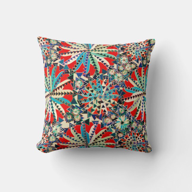 Tribal Mandala Print, Red, Blue and Cream Throw Pillow (Front)