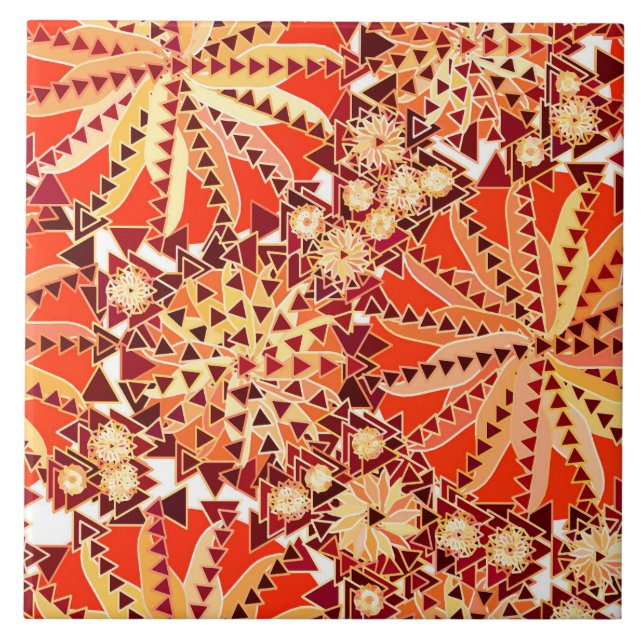 Tribal Mandala Print, Rust Orange and Brown Ceramic Tile (Front)
