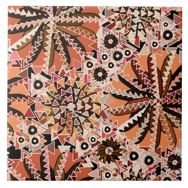 Tribal Mandala Print, Taupe Tan and Beige Ceramic Tile (Front)