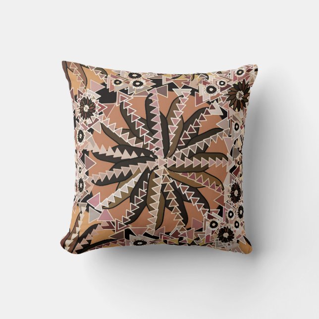 Tribal Mandala Print, Taupe Tan and Beige Throw Pillow (Front)