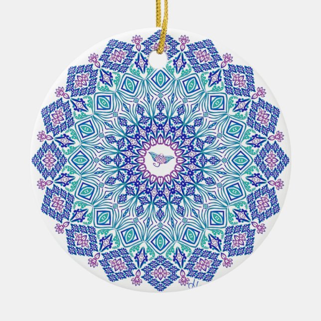 Tribal Manta Mandala on White Ceramic Ornament (Front)