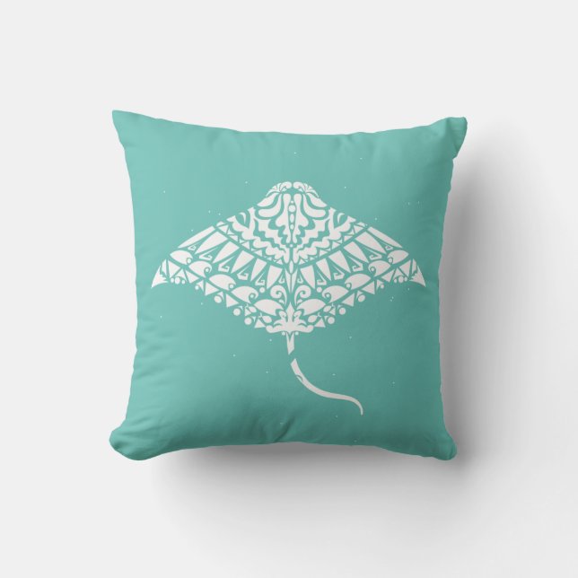 Tribal Manta Ray Spirit Animal Blue and White Throw Pillow (Front)