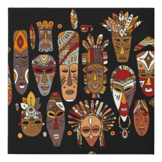 Tribal mask ethnic set, sketch faux canvas print