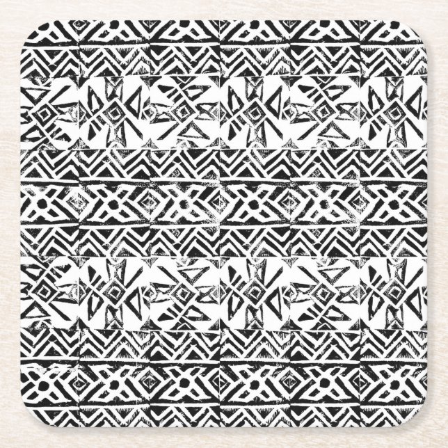 Tribal maya ink print motif square paper coaster (Front)
