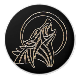 Tribal Metallic Howling Wolf Emblem Ceramic Knob