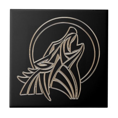 Tribal Metallic Howling Wolf Emblem Ceramic Tile