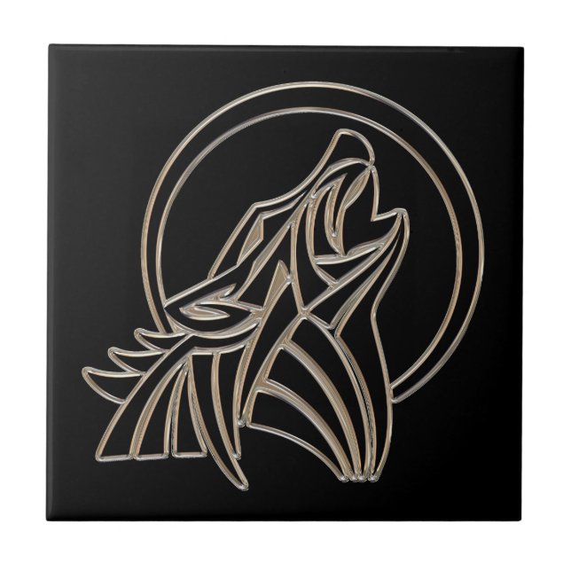 Tribal Metallic Howling Wolf Emblem Ceramic Tile (Front)