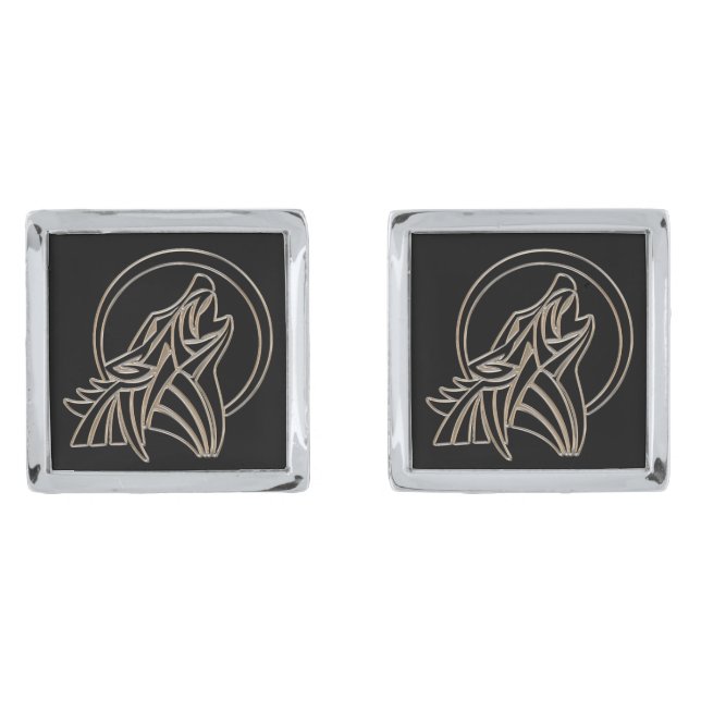 Tribal Metallic Howling Wolf Emblem Cufflinks (Front)