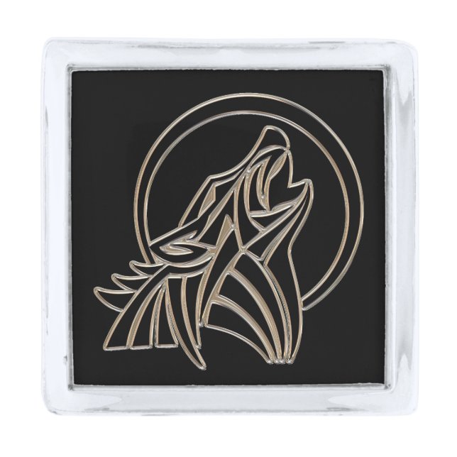 Tribal Metallic Howling Wolf Emblem Silver Finish Lapel Pin (Front)