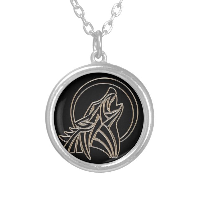 Tribal Metallic Howling Wolf Emblem Silver Plated Necklace (Front)