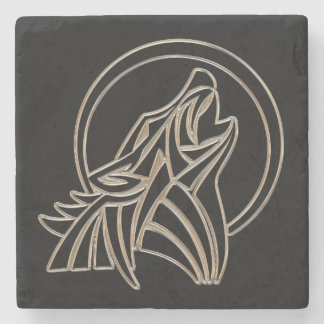 Tribal Metallic Howling Wolf Emblem Stone Coaster