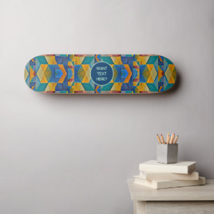 Tribal Mosaic: Blue Orange Teal Shapes - add text Skateboard