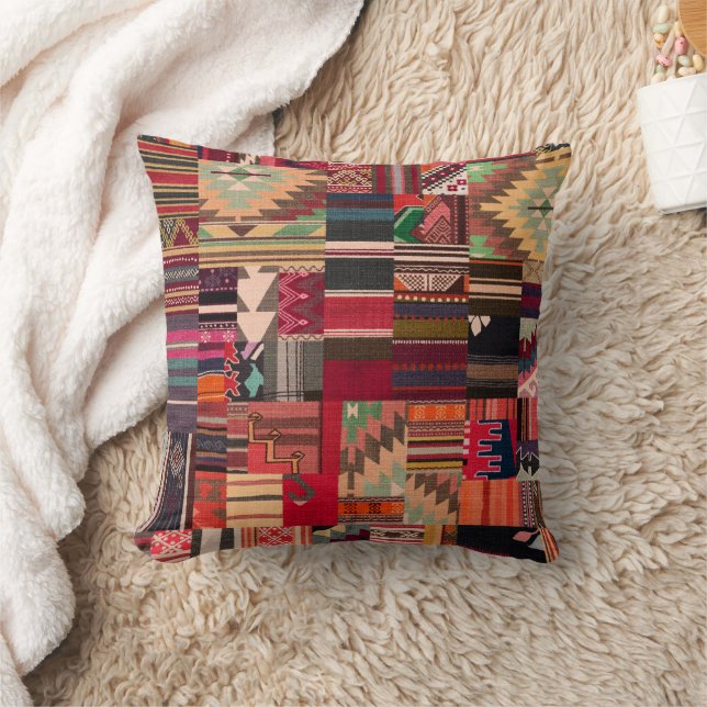 Tribal Mosaic – Boho Moroccan Collage Art Throw Pillow (Blanket)