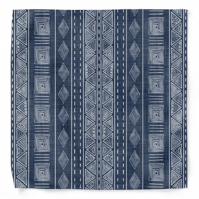 Tribal Mudcloth Style Blue and White Bandana (Front)