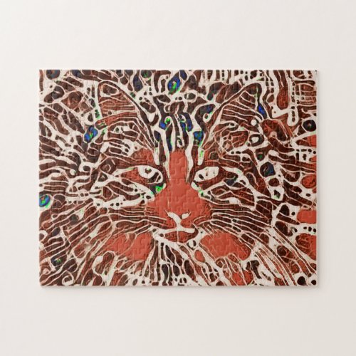 Tribal Native Abstract Tabby Cat Orange Hippie Jigsaw Puzzle